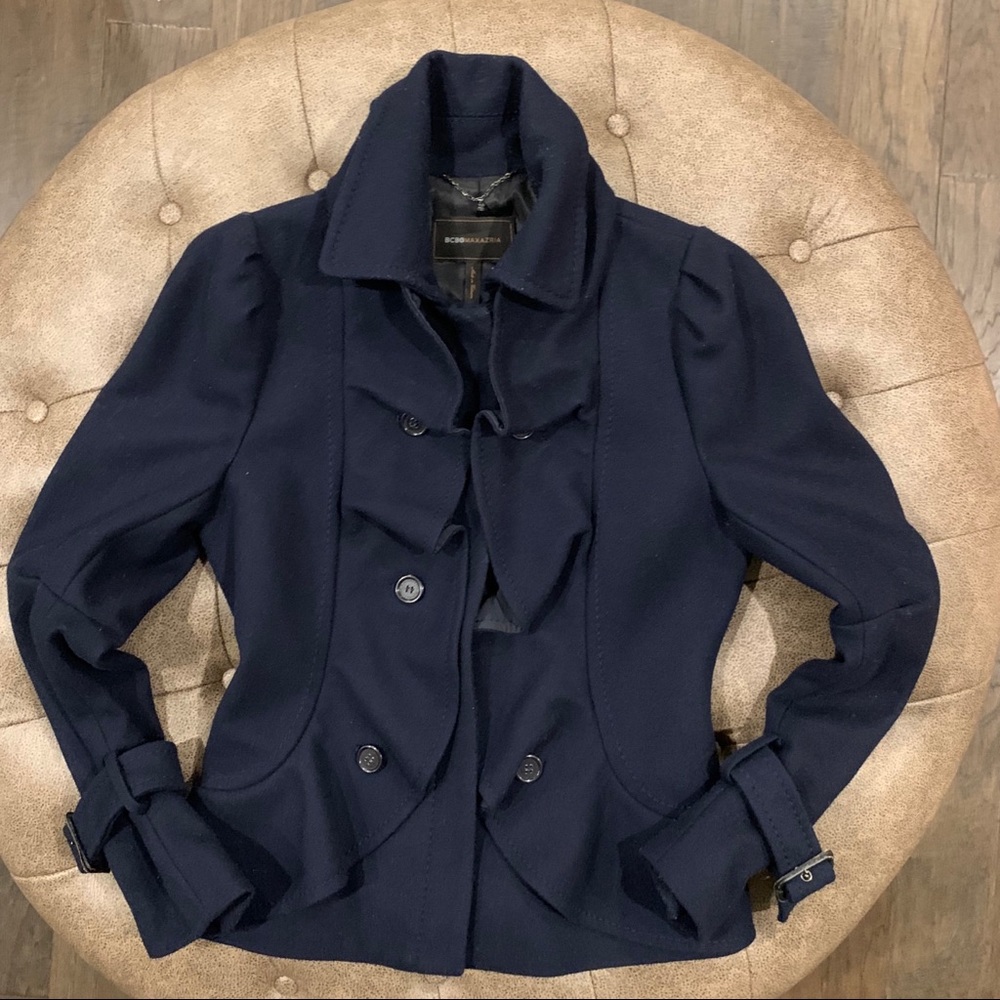 Navy Blue BCBGMAXAZRIA Ruffled Short Coat